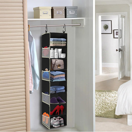 2 Pack Large-Sized Hanging Shoe Organizer 8-Shelf, Hanging Closet Organizer with 8 Side Pockets, Wider Hanging Shelves for Storage Shoes Clothes 9" W Ă 11.8" DĂ 48" H, Black.