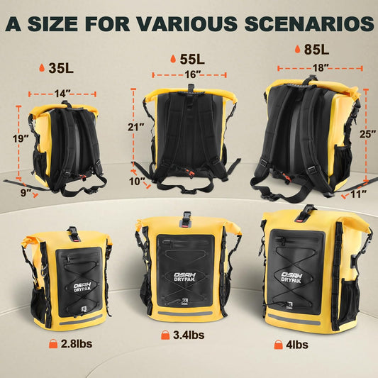 Waterproof Backpack Dry Bag 35L/55L/85Lβ Heavy Duty Roll-Top Hiking Backpack Sack Keeps Gear Dry for Travel, Kayaking, Boating, Camping, Rafting and Fishing