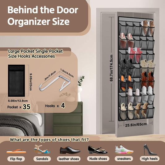 35 Pocket Over the Door Shoe Organizer,Reusable Breathable Large Mesh Bag Men's & Women's Sneaker Organizer,Shoe Organizer for Kids,Hanging Shoe Storage Hanging Bag (Gray)