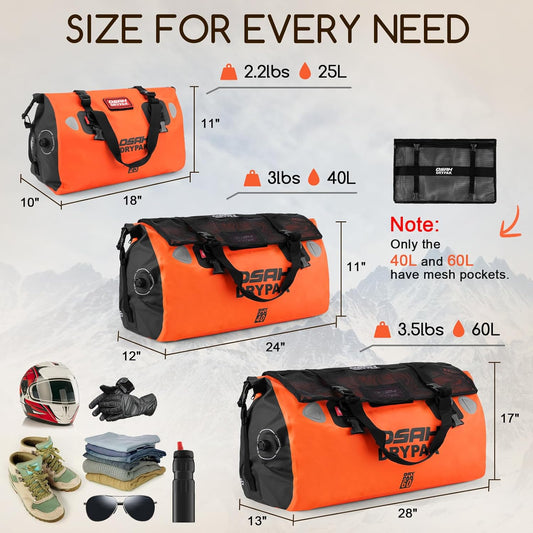 Waterproof Duffel Bag - Motorcycle Dry Bag Tail Bag with Large Storage Space, Waterproof Luggage Duffle Bags with Outer Mesh Zipper Pocket for Camping, Kayaking, Fishing & Traveling - Roamly