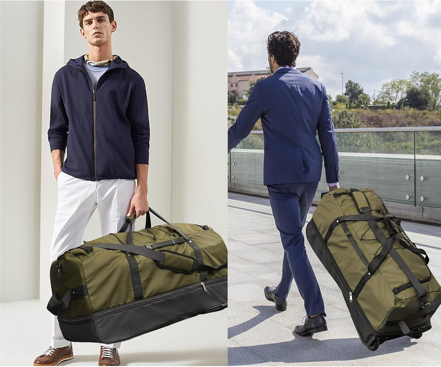 110L/140L Expandable Soft-Sided Foldable Duffle Bag with 2 Rubber Wheels,Packable 32” Rolling Carry-On with Multi-Pockets & Compartments,Army Green - Roamly