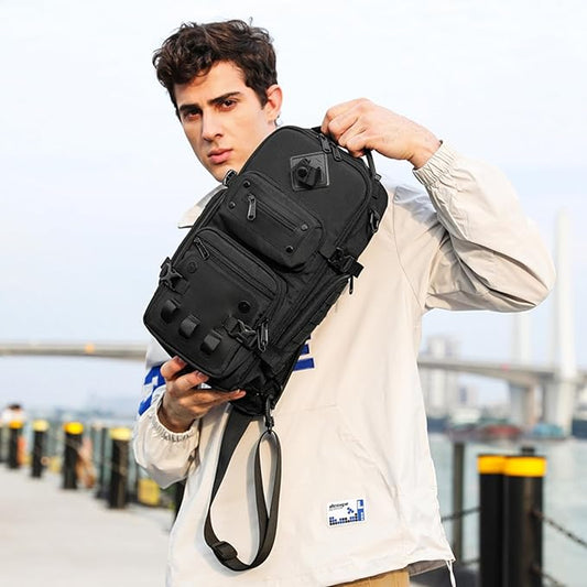 OZUKO Multipurpose Sling Bag for Men, Large Capacity Crossbody Shoulder Bag Waterproof Sling Chest Backpack with Tripod Holder Fit for Outdoor Travel Photography (Black)