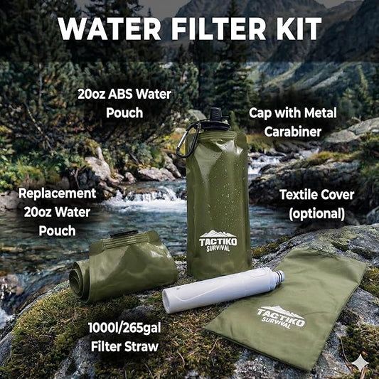 Tactiko Survival 20oz/600ml Purifying Water Bottle Filter Kit - Filter 265 Gal. Water from Rivers, Lakes & Streams - SGS Certified - UF Membrane, Activated Carbon - Camping, Hiking, Emergency (Green)