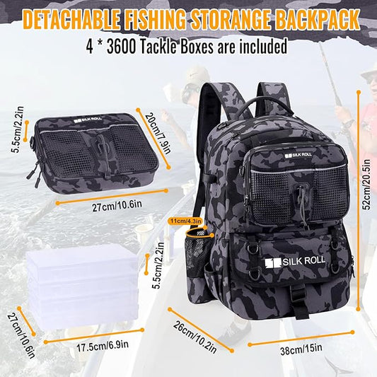 50L Fishing Tackle Backpack with Rod Holder and 4 Included 3600 Tackle Boxes - Waterproof Fishing Backpack for Ultimate Gear Organization and Storage (Gray Camo)