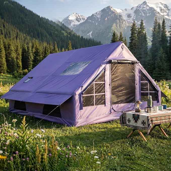 Inflatable Camping Tents 8-10 Person,129 Square Feets Large Inflatable Camping Tent with Stove Jack,Blow up Tent with Mesh Windows & Pump