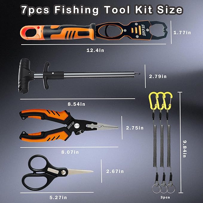 Selake 7 PCS Complete Fishing Tools Set, Fish Lip Gripper with Scale, Fishing Pliers, Hook Remover, Line Cutter & Scissors, Corrosion Resistant for Saltwater Freshwater Kayak Ice Fishing