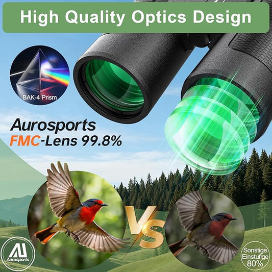 15x42 Binoculars for Adults High Powered - Aurosports HD Lightweight Portable Binoculars with Phone Adapter, BAK4 Prism & Carrying Bag - Large View Binocular for Bird Watching Hunting Traveling
