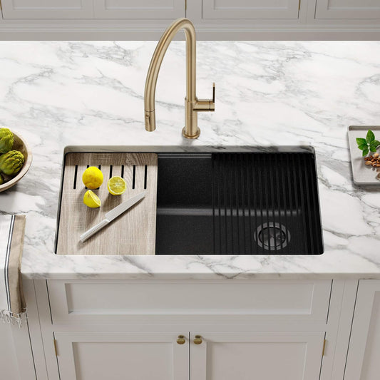 KRAUS Bellucci Workstation 32 in. Undermount Granite Composite Single Bowl Kitchen Sink in Metallic Black with Accessories with WasteGuard™ Continuous Feed Garbage Disposal, KGUW2-33MB-100-75MB