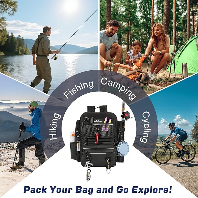 MoKo Fishing Backpack Bag, Large 40L Tackle Backpack with Rod Holders & Bait Binder Storage Fishing Gear and Equipment for Hiking Camping, Gifts for Men Father, Black