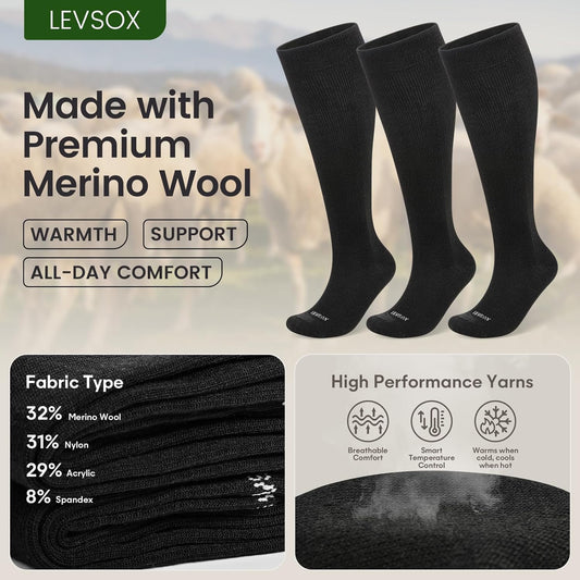 LEVSOX Merino Wool Compression Socks for Women & Men 20-30 mmHg Knee High Graduated Support Socks for Nurses Pregnancy Travel