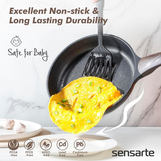 SENSARTE Pots and Pans Set Non stick, Non toxic Healthy Induction Cookware Set, 14 Pcs Non Stick Kitchen Cooking Set with Frying Pans Set & Saucepan, PFOA PFOS APEO Free, Black