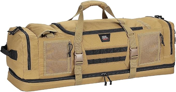 KEMIMOTO Hunting Duffle Bag, 78L large Capacity Travel Gear Bags Tool Range Cases for Long Distance Trips Hiking Hunting Fishing Camping, Multi Pocket Design, Brown Backpackable