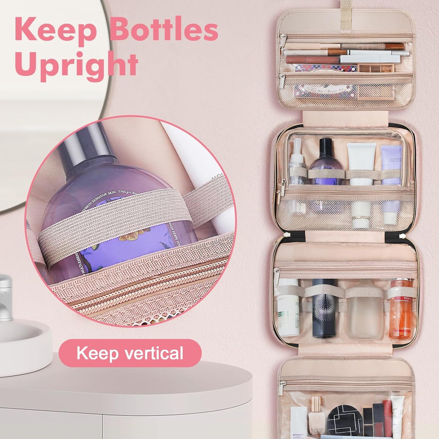 Wedama Toiletry Bag for Women, Large Cosmetic Travel Bag, Hanging Toiletry Bag for Bathroom, Thickened PVC Waterproof Makeup Bag, Toiletries Bag for Travel Business Trips and Camping, Baby Pink - Roamly