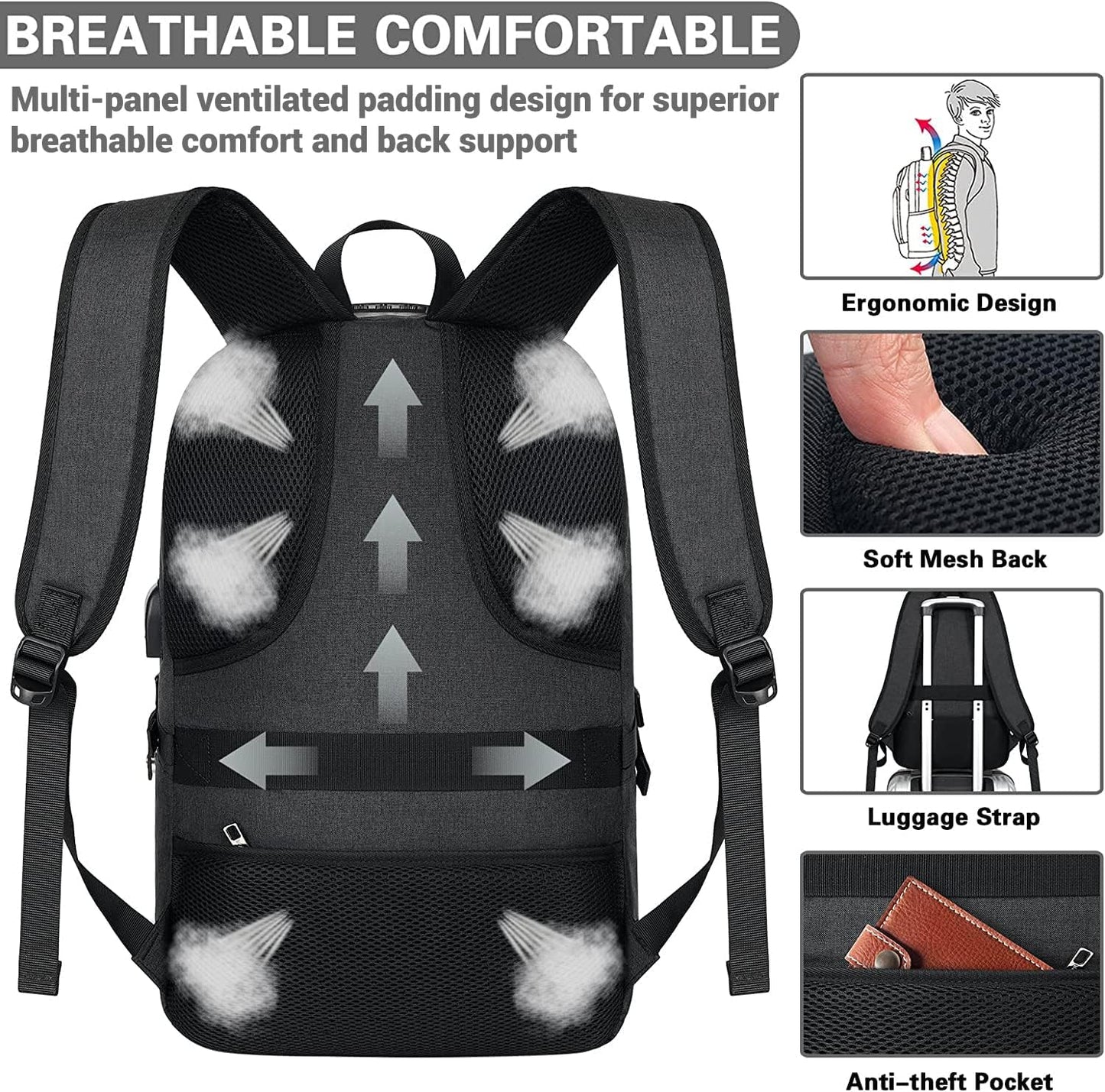 AMBOR Travel Laptop Backpack for Men, 15.6-17.3 inch Laptop Backpack for School, Anti Theft Business Work Backpack with USB Charging Port, Water Resistant College Computer Bag for Men & Women, Black - Roamly