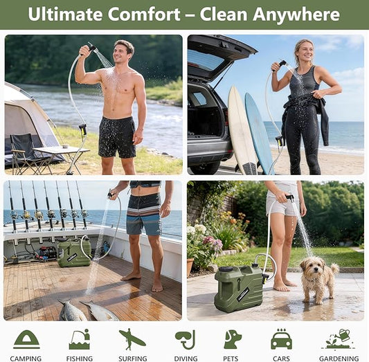 SPACEREST Portable Shower for Camping with Integrated Design – Spill-Resistant, Electric Camping Shower, 5-Gallon Food-Grade Water Jug for Outdoor, Beach, Hiking, Dog Wash, 2 Batteries