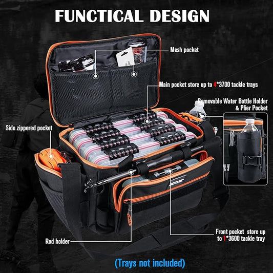 Goture Fishing Tackle Bag, Store Up to 4PCS 3700 Plus 2PCS 3600 Tackle Trays(Not Included), 600D Soft Side Gear Fishing Bag with Rod Straps,Detachable Water Bottle Pouch,Waterproof Bottom,SBS Zippers