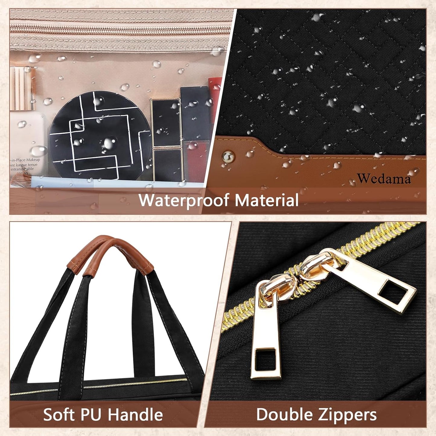 Wedama Toiletry Bag for Women, Hanging Travel Toiletry Bag with Jewelry Organizer Compartment Medium Makeup Bag, PVC Waterproof Cosmetic Travel Bag Trips Camping Bathroom, Black+Brown - Roamly