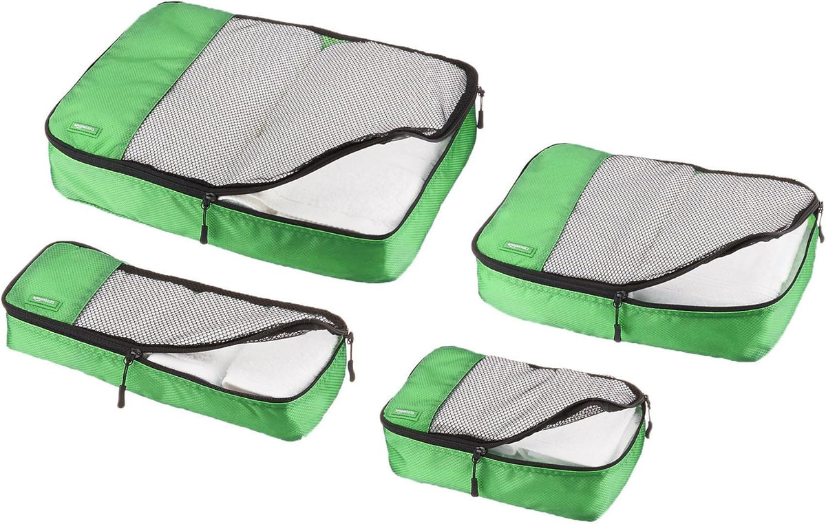 Amazon Basics Packing Cubes for Travel, Packing Organizers Set, 4-Piece-Set (Slim, Small, Medium, Large) With Double Zipper Pulls and Mesh Top Panel, 100% Durable Polyester, Green - Roamly