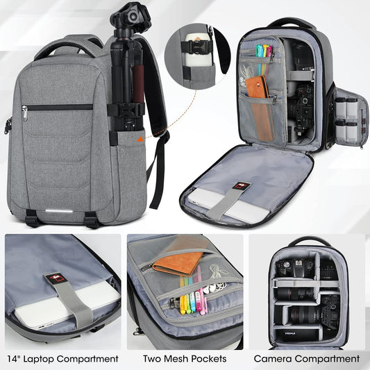 SDYSM Camera Bag Backpack Professional for DSLR SLR Mirrorless Camera Waterproof Laptop Back Pack 14 Inch with Rain Cover Anti Theft Travel Case Large Capacity Photography Backpack Grey