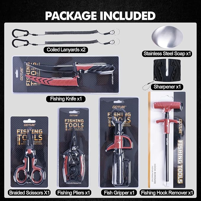 Goture Fishing Tool Kit,Fishing Pliers,Fillet Knife with Sheath,Fish Lip Gripper,Fish Hook Remover,Lanyard,Line Scissors,Sharpener,Stainless Steel Soap,Saltwater Gear Kit,Red/Pink,Gifts for Men/Women