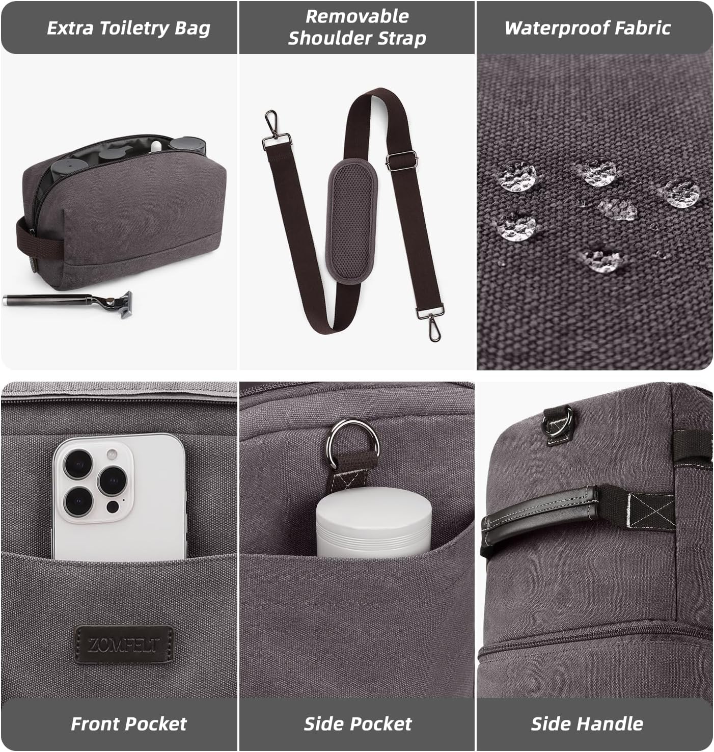 ZOMFELT Travel Duffle Bag for Men Women, Waterproof Canvas Overnight Duffel Bag with Removable Dividers & Shoe Compartment, Carry On Weekender Gym bag, Multi-Pocket & Vintage Design (Washed Grey) - Roamly