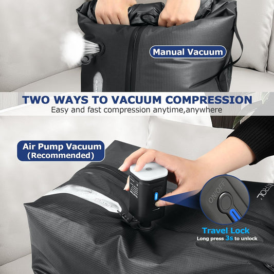 TPU Vacuum Bag for Travel, 70D Nylon Reusable Compression Bag with IP67 Waterproof Zipper, Compression Packing Cubes for Clothing(Gray-2 PCS + PUMP)