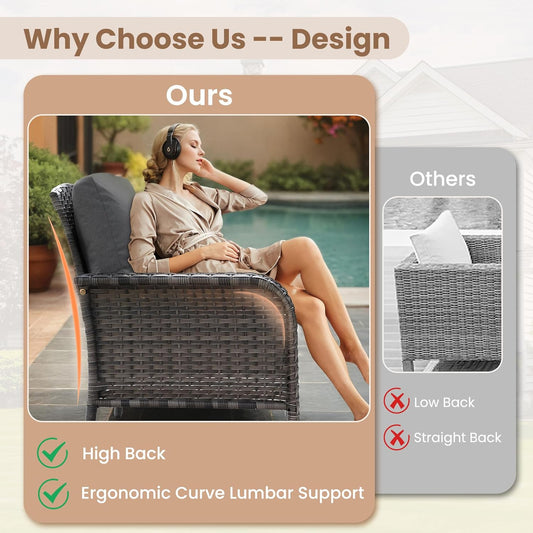 HOOOWOOO Patio Furniture Set,3 Pieces Outdoor Conversation Set,All Weather Wicker Bistro Set Yard Porch High Back Chairs Side Table,Black