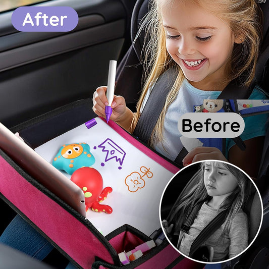 Kids Travel Tray, Kids Travel Trays for Car Seat, Road Trip Essentials for Toddler, Carseat Lap Tray with Dry Erase Board & Storage Organizer for Road Trip Activities for Kid, Pink