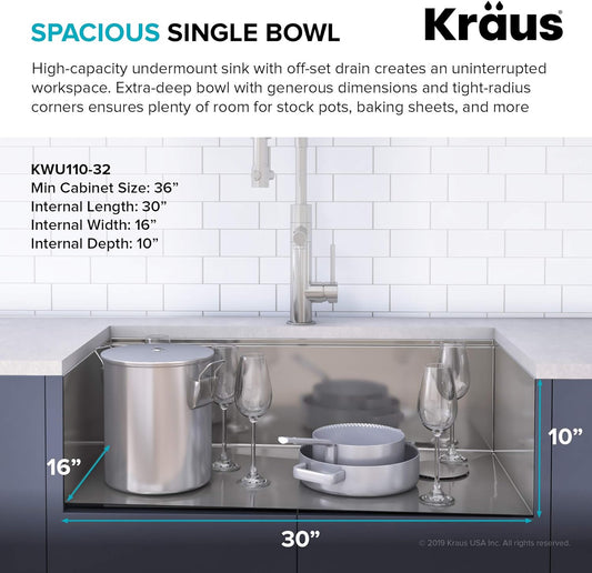 Kraus KWU110-32-100-100MB, Kore Workstation 32-inch Undermount 16 Gauge Single Bowl Stainless Steel Kitchen Sink with WasteGuard 1 HP Continuous Feed Garbage Disposal