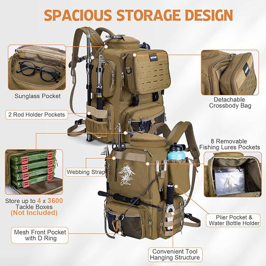 Goture Fishing Backpack, 900D Water-Resistant Tackle Backpack with Rod Holders, 58L Large Storage Gear Fishing Tackle Bag with Detachable Crossbody Bag,8 Lure Pockets,Bottle Holder for Camping Hiking