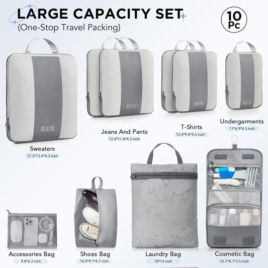 10 Set Compression Packing Cubes for Travel Essentials,Compressible Expandable Packing Cubes for Suitcase,OlarHike Luggage Organizer Bags for Travel,Handy Helper for Organizing Clothes(Gray) - Roamly