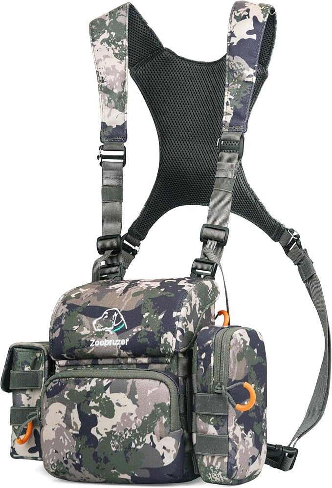 Binocular Harness Chest Pack, Bino Harness Bag with Rangefinder Pouch & Rain Cover, Molle System Multifunction Hunting Pack