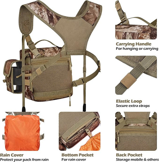 NEW VIEW Bino Packs for Hunting - Binocular Straps Harness Chest Pack with Detachable Rangefinder Pouch, Adjustable Camo Binos Harness & Rain Cover - Ideal for Bow Hunter- Large