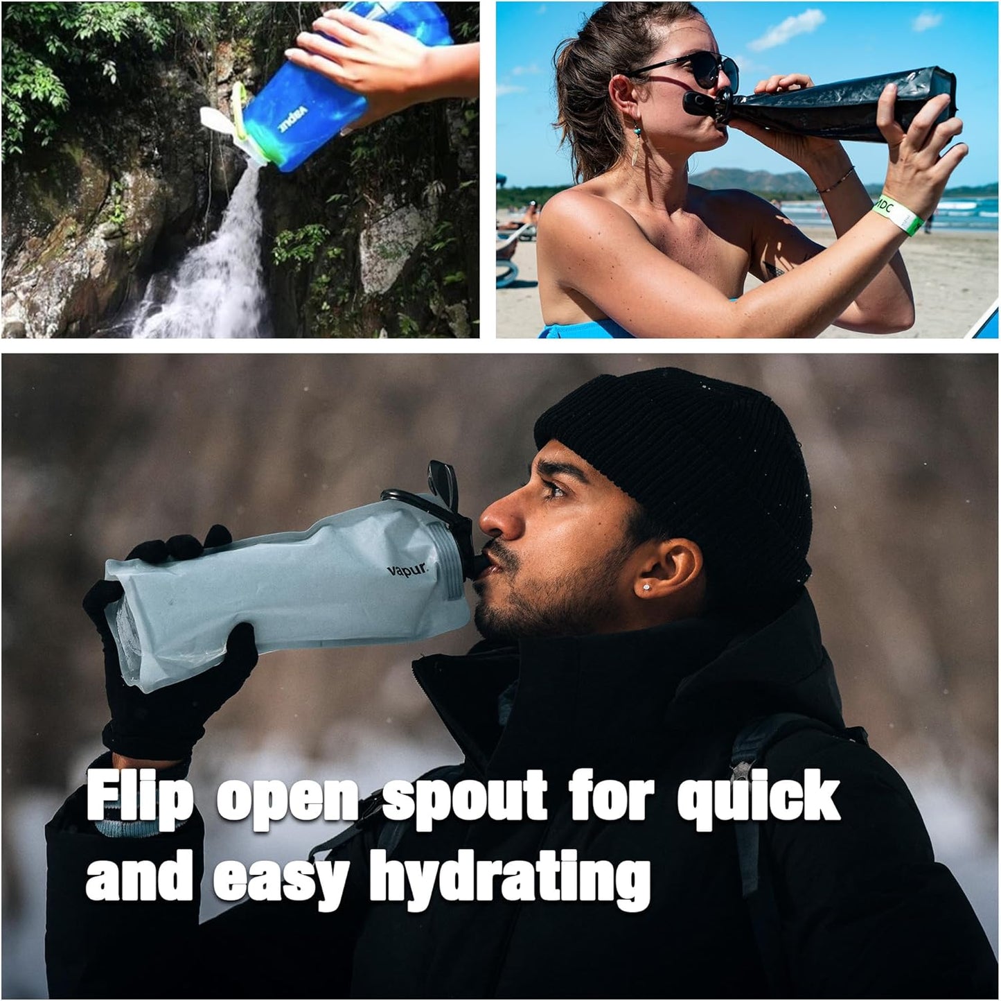 Vapur Collapsible Water Bottle With Carabiner, Compact Bottle Folds Flat For Hydration On The Go, Ideal for Traveling, Hiking or Camping, 23 Ounce, Malibu Teal, Pack of 2