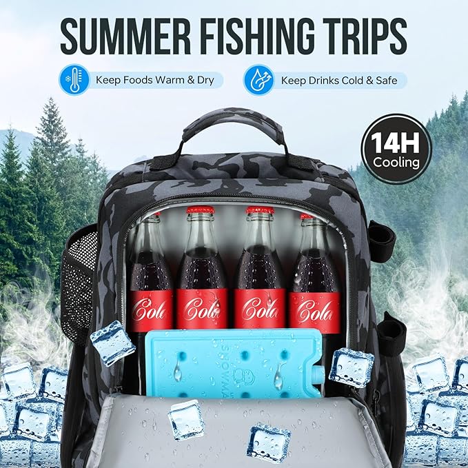PLUSINNO Cooler Fishing Backpack with Rod Holders 45L Large Water-resistant Fishing Tackle bag Store Fishing Gear Fishing Gifts for Men Father, Sport Bags