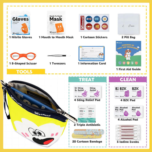 StBernard Kids First Aid Kit, EDC Mini Portable Medical Kit with Cute Bandages, Tools for Children's Daily Boo-Boos, Suits for Home, School, Camping, Hiking, Cub Scouts, Backpacking(Yellow)