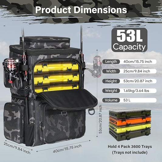 Fishing Tackle Backpack with Cooler Bag, 53L Waterproof Fishing Bag with 2 Rod Holders, Large Fishing Backpacks with Bottle Holder & Coolers, Tackle Storage, Heavy Duty Outdoor Cooler Backpack for Men