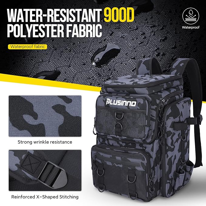 PLUSINNO Fishing Backpack with Rod Holders Tackle Box, 42L Large Water-resistant Fishing Tackle Bag Store Fishing Gear
