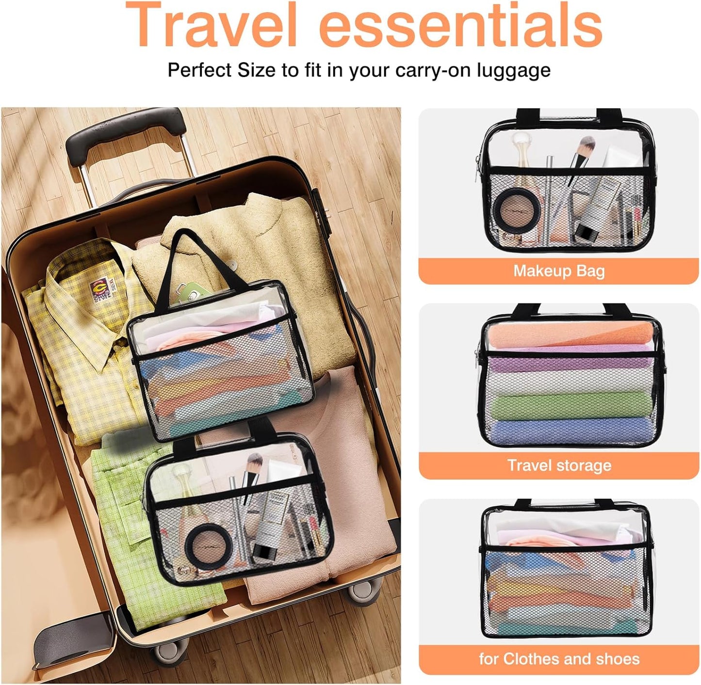 XEWEA 2PCS Large TSA Approved Clear Travel Toiletry Bags for Men Women, Transparent Makeup Cosmetic Bag with Handle,Waterproof PVC Quart Organizer Storage Pouch for Toiletries Airline Essential, Balck - Roamly