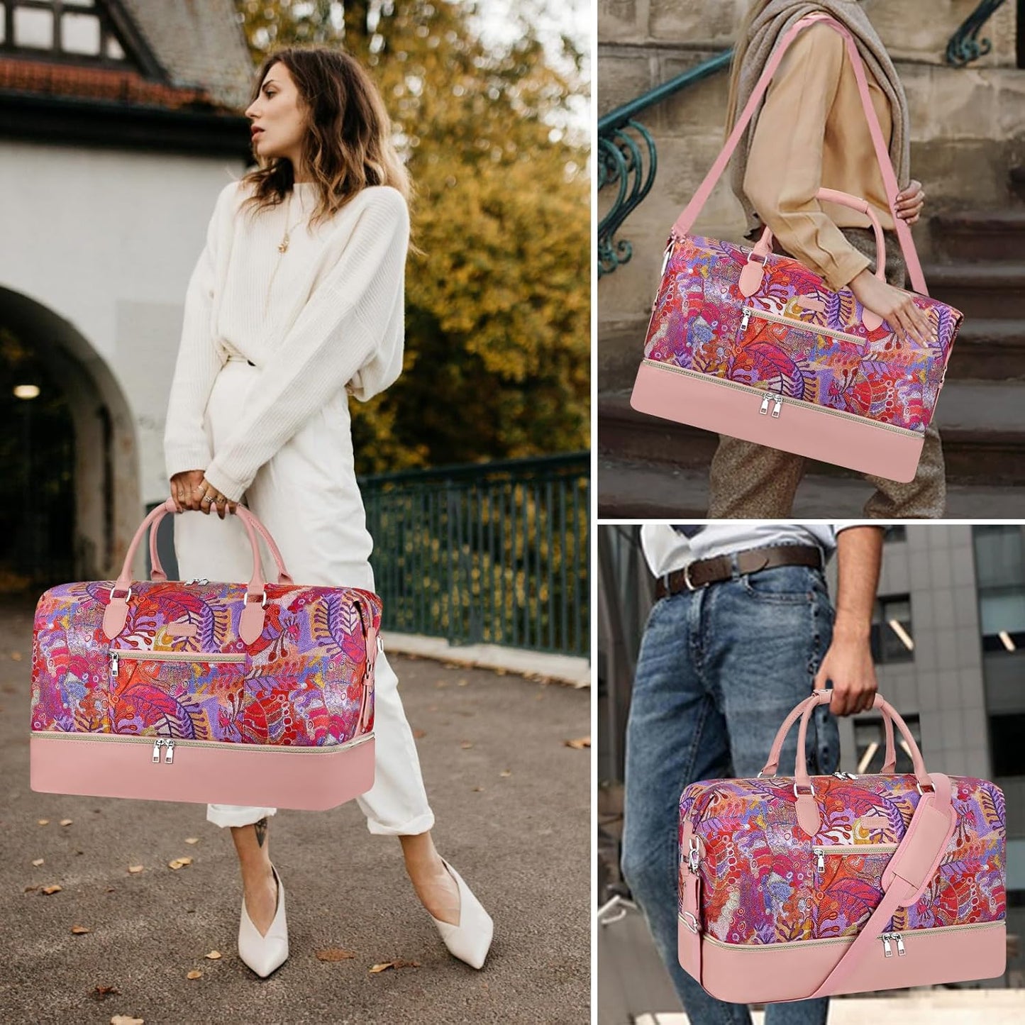 Weekender Bag for Women, Travel Duffel Bag Carry On Overnight Bag with Shoe Compartment Large Nylon Travel Weekend Tote Bag - Roamly