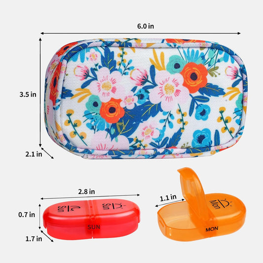 Serfeymi Weekly Travel Pill Organizer 2 Times A Day AM PM Rainbow Pill Box 7 Day with Zipper Canvas Pill Case, Medicine Organizer for Pills, Vitamins, Fish Oils - Black 02 + Bloom 01