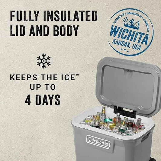 Coleman Classic Series Insulated Portable Rolling Cooler with Wheels, Leak-Resistant Outdoor Hard Cooler Keeps Ice up to 5 Days, 65-Quart