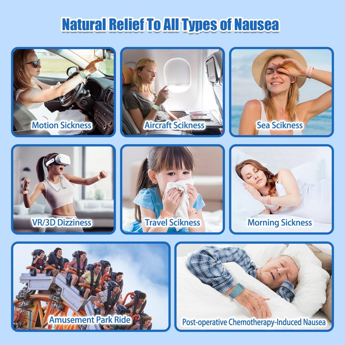 Motion Sickness Bands Anti Nausea Acupressure Wristband Sea Sickness Wristbands Nausea Bands(2 Pairs-Bule+Pink)-Daisy