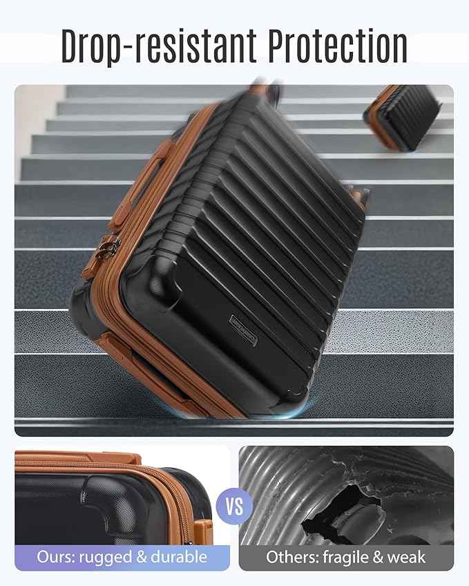 LIGHT FLIGHT Luggage Sets, Carry On Luggage 22x14x9 Airline Approved, Carry On Travel Bag Suitcases with Wheels, Expandable Hardside Lightweight Rolling with TSA Lock 2-Piece Set (DB/20),Black/Brown