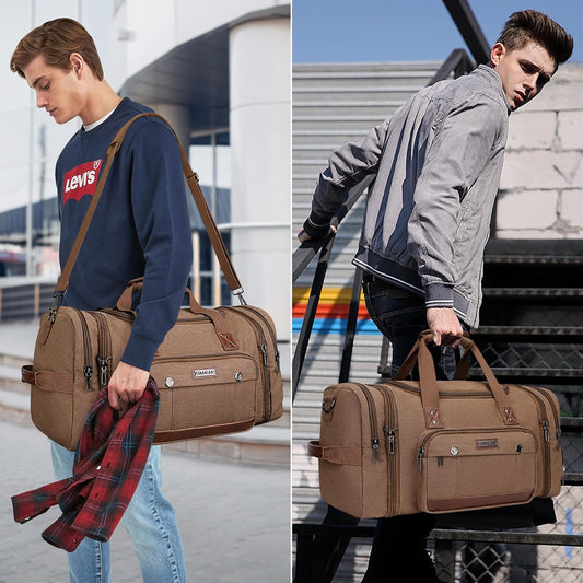 WITZMAN Mens Duffle Bags for Traveling Canvas Weekender Travel Bag Expandable Overnight Bag Carry on Bag(A8007 Brown) - Roamly