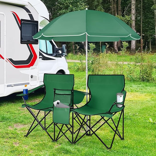 Goplus Double Camping Chair with Umbrella, Folding Loveseat Chairs w/Canopy Shade, Carrying Bag, Table, Cup Holder, Portable Beach Chairs Outdoor Picnic Patio (Green)