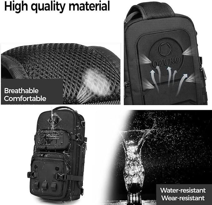 OZUKO Multipurpose Sling Bag for Men, Large Capacity Crossbody Shoulder Bag Waterproof Sling Chest Backpack with Tripod Holder Fit for Outdoor Travel Photography (Black)