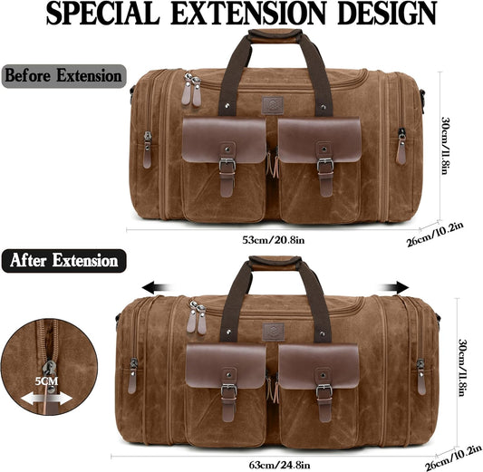 Waxed Canvas Duffle Bag for Men 50L Travel Duffel Bags Expandable Genuine Leather Duffel Overnight Weekender Carry On Bag Two Zipper Pockets Travel Bag (Vintage Dark Brown, Large-50L) - Roamly