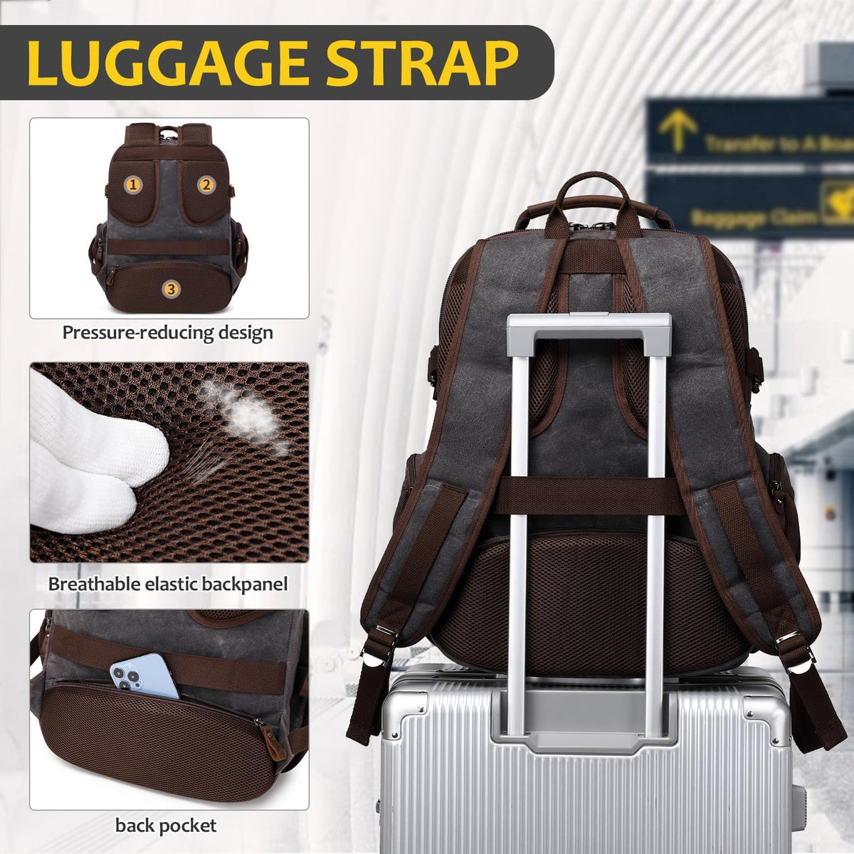 Travel Laptop Backpack 17.3 inch XL Computer Backpack for Men Waxed Canvas College Daypack Business Backpack Black Gray - Roamly