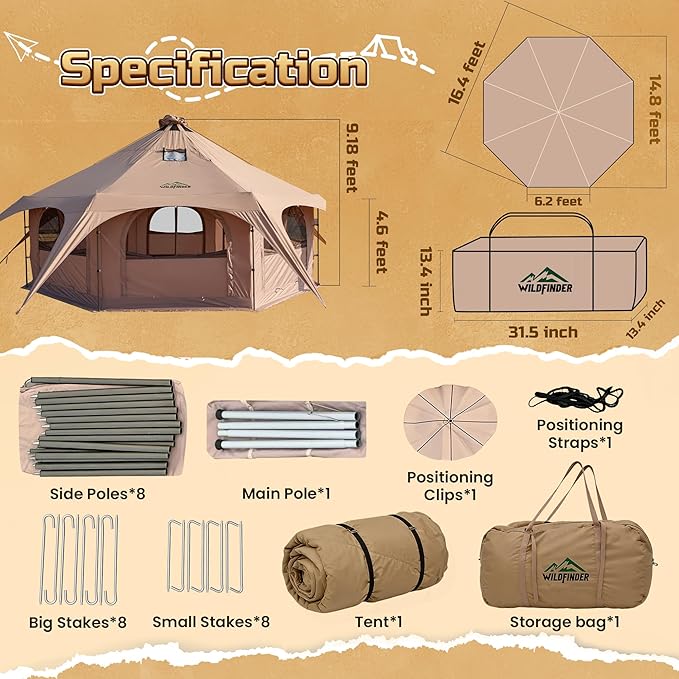 16.5ft Canvas Bell Tent, Large Yurt Tent with Stove Jack for Camping & Glamping, 55" High Walls, Maximum Space, Waterproof 4 Season Hot Tent with 8 Mesh Windows & Removable Floor